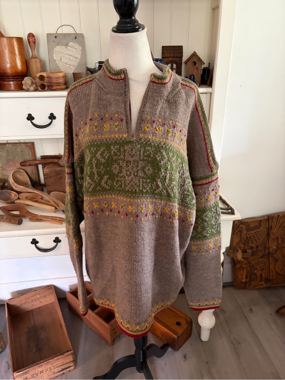 Hand Made Men's Taupe and Green Nordic Knit Sweater - Classic Pullover